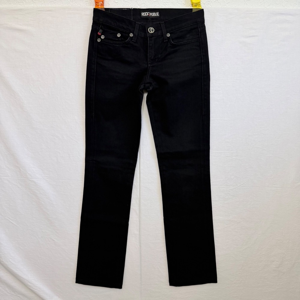Y2K Rock & Republic Womens 26 Black Low Rise Bootcut Jeans Lace Pocket Made USA